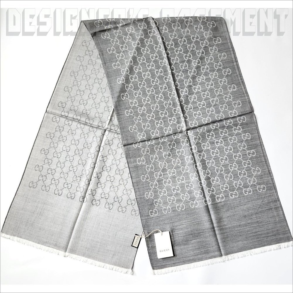 GUCCI light & Heather Gray GGNAT wool & silk 18x70" shawl Pashmina scarf NWT - Picture 3 of 10